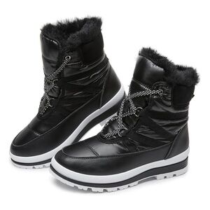 Warm Fur Lined Mid-Calf Boots Waterproof Winter Snow Boots Non-slip - Black